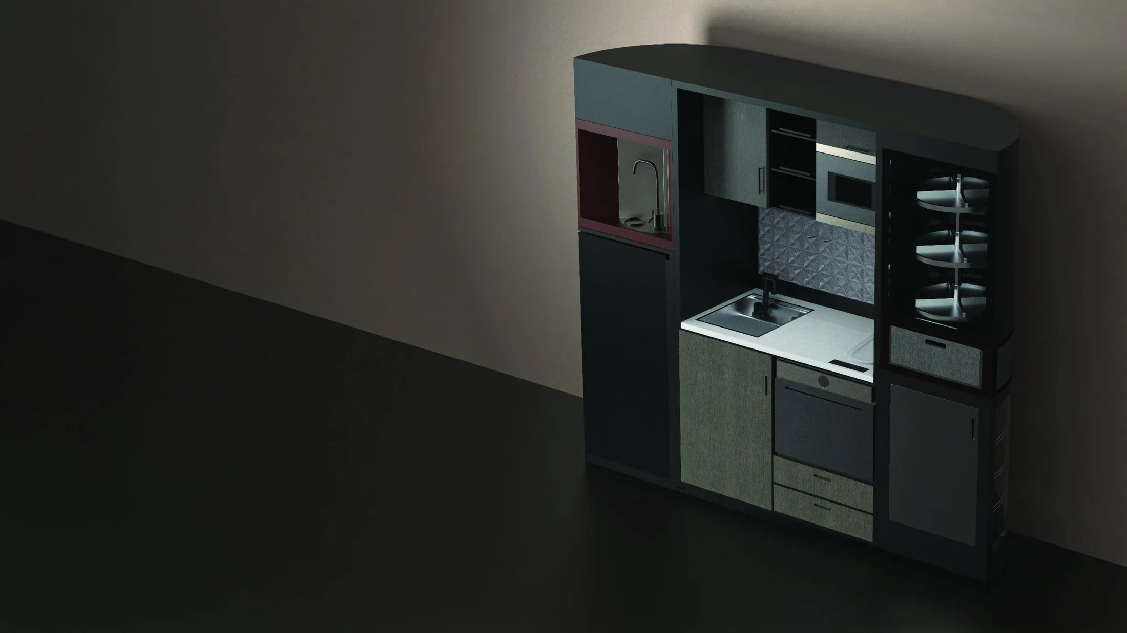 Compact kitchenette render in a dark interior.