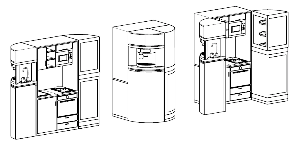 Line views of the kitchenette design.