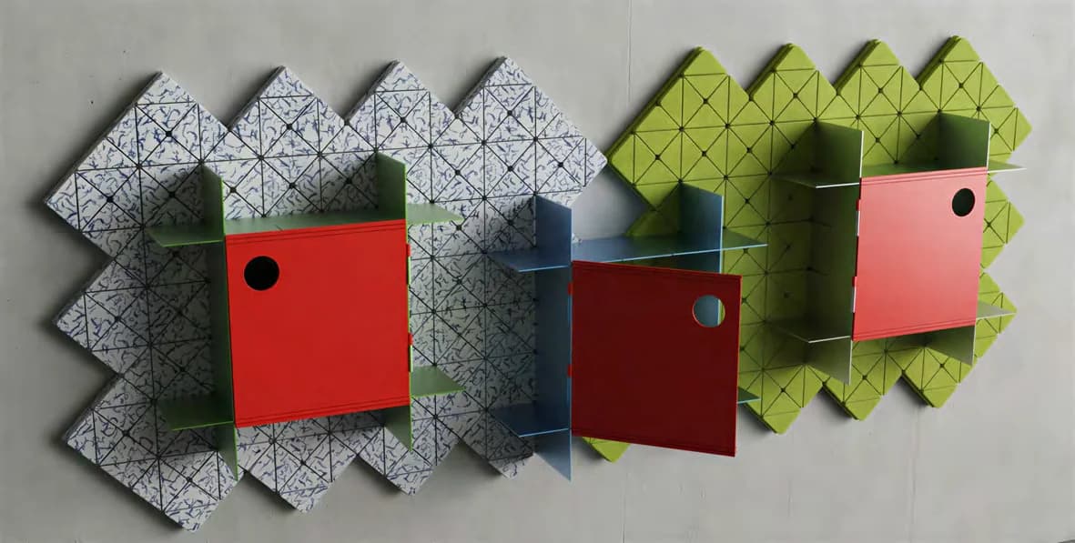 Modular wall system with patterned panels, shelving, and technical layout.