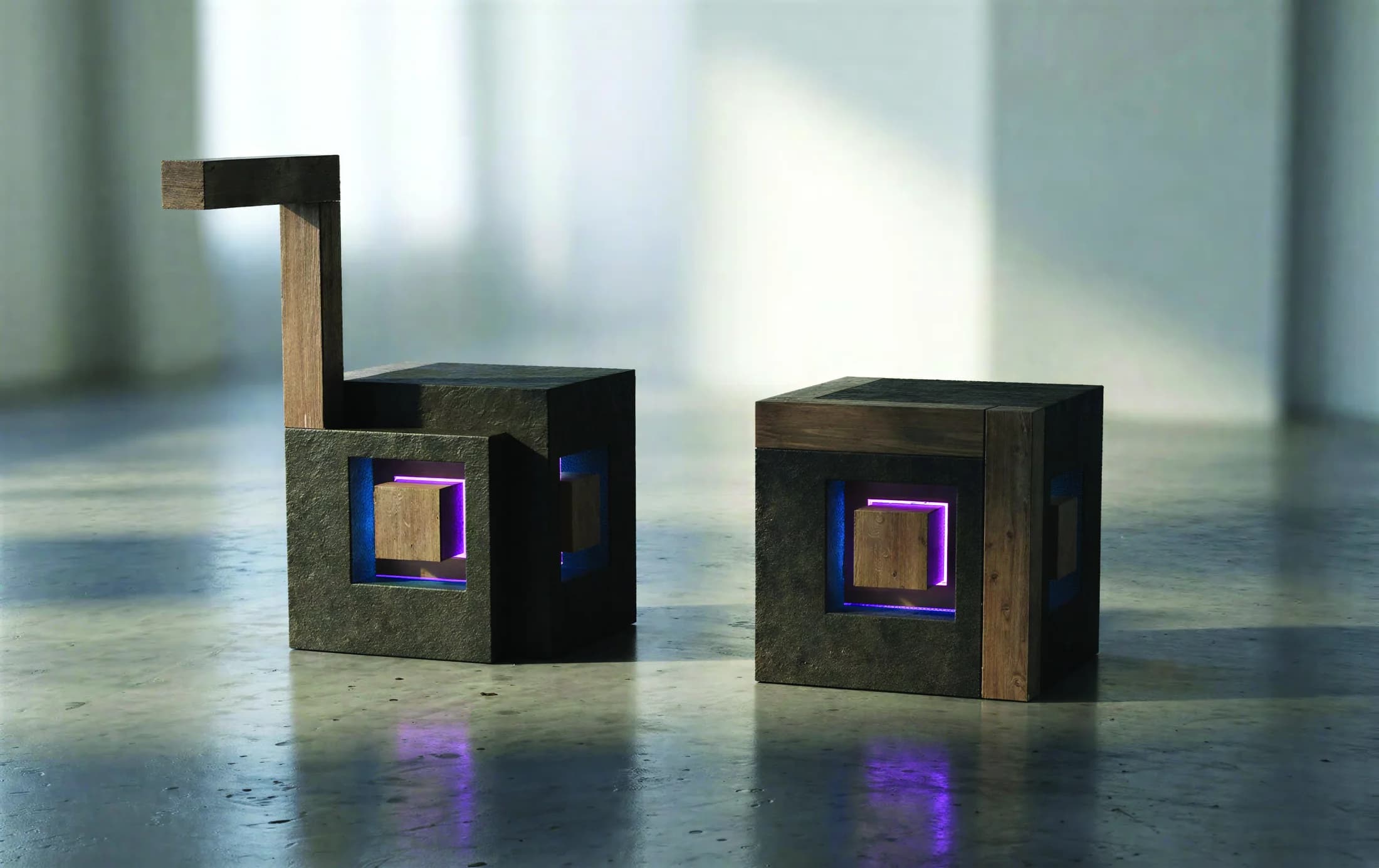Cube lighting study with wood inserts and colored inner light.