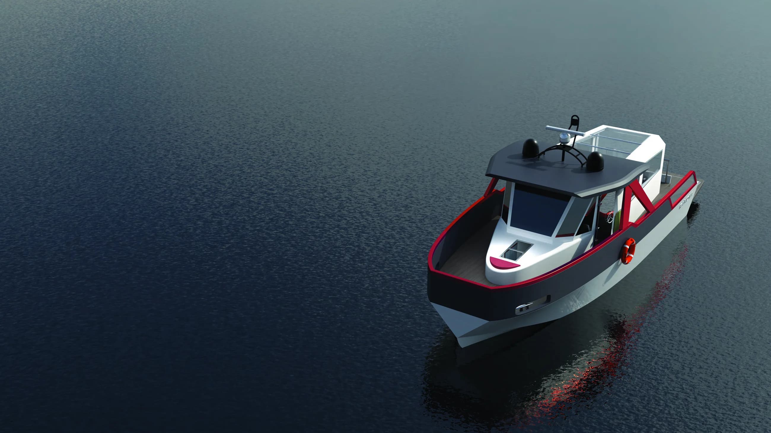 Ránova mono-hull passenger boat rendered on dark water.